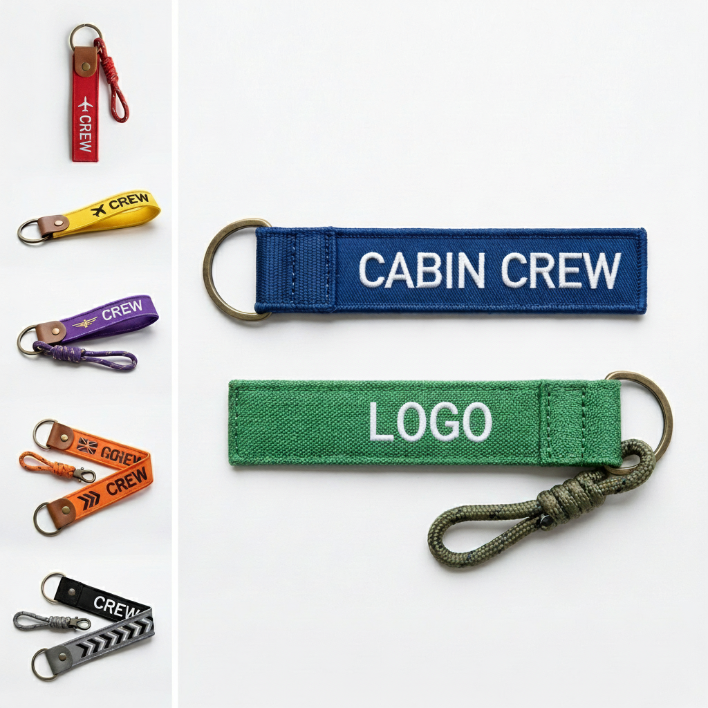 Travel-Themed Anti-Fray Fabric Keychain Tag with Imprintable Logo